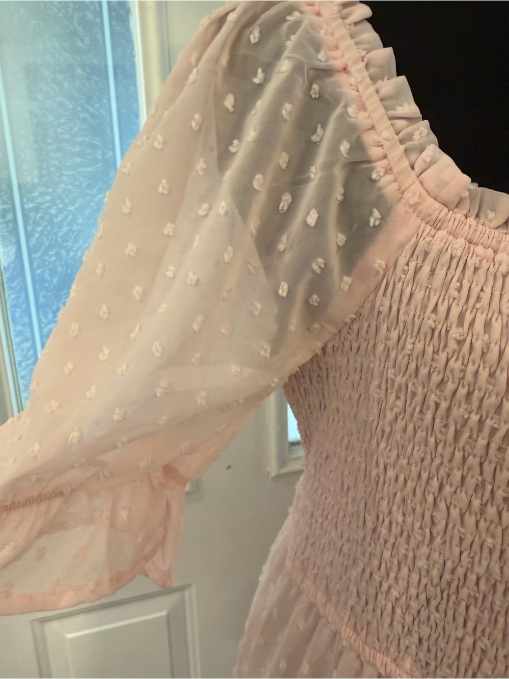 Smocked Swiss Dot Maxi Dress in Light Pink - Picture 4 of 9